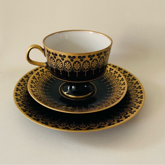 Vintage Cobalt Blue @ Gold Porcelain Trio Cup Saucer, Desert Plate Lichte GDR - Picture 1 of 14